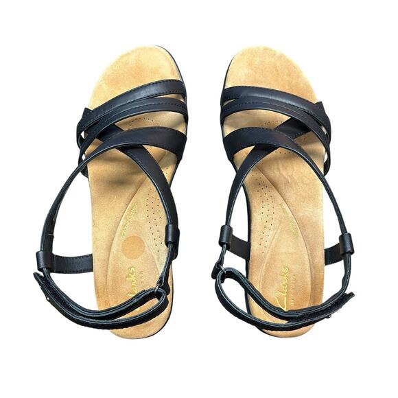 Clarks Artisan Black Leather Sandals Women's 8M Strappy Comfort Dressy Wedge Low - Picture 8 of 13